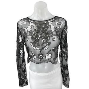 12th Tribe Black Silver Sequin Mesh Sheer Long Sleeve Blouse Crop Top Size S
